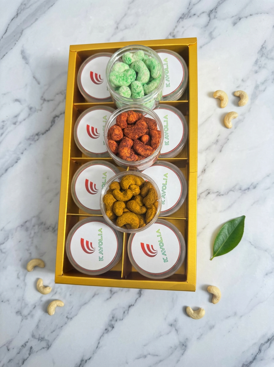 Kavolia Signature Box open, showing eight jars of roasted and coated cashews from Cote d'Ivoire including mint, chili and ginger flavors
